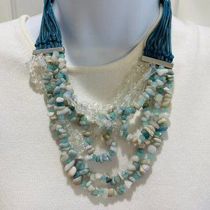 EUC Kenneth Cole NY Chip & Bead 7-Strand Necklace, Aqua, White, 17" L + 3"